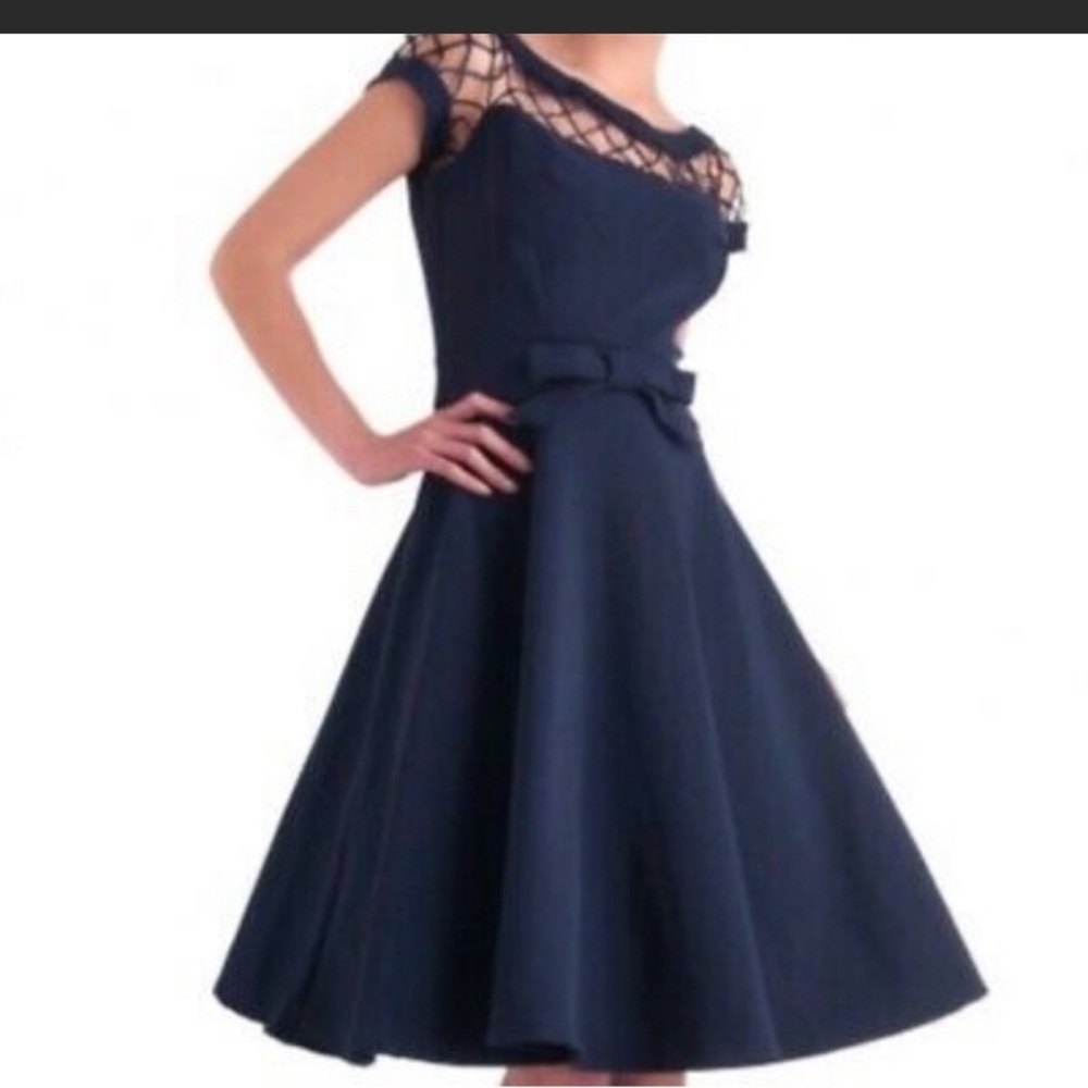 Modcloth Tatyana Alika Navy Blue Bow retro/pin up Dress
